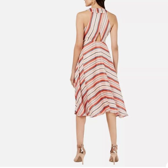 NWT FOXIEDOX Multi Color Metallic Striped Tie-neck Fit & Flare Dress Sz S - Picture 5 of 10